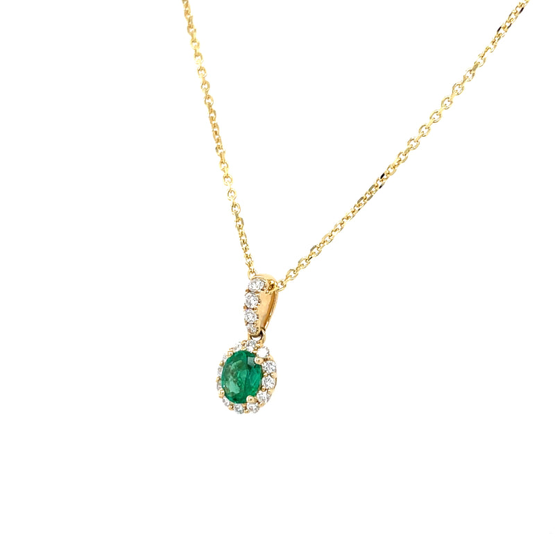 14K Yellow Gold Oval Emerald and Diamond Halo Necklace