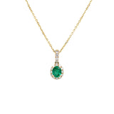 14K Yellow Gold Oval Emerald and Diamond Halo Necklace