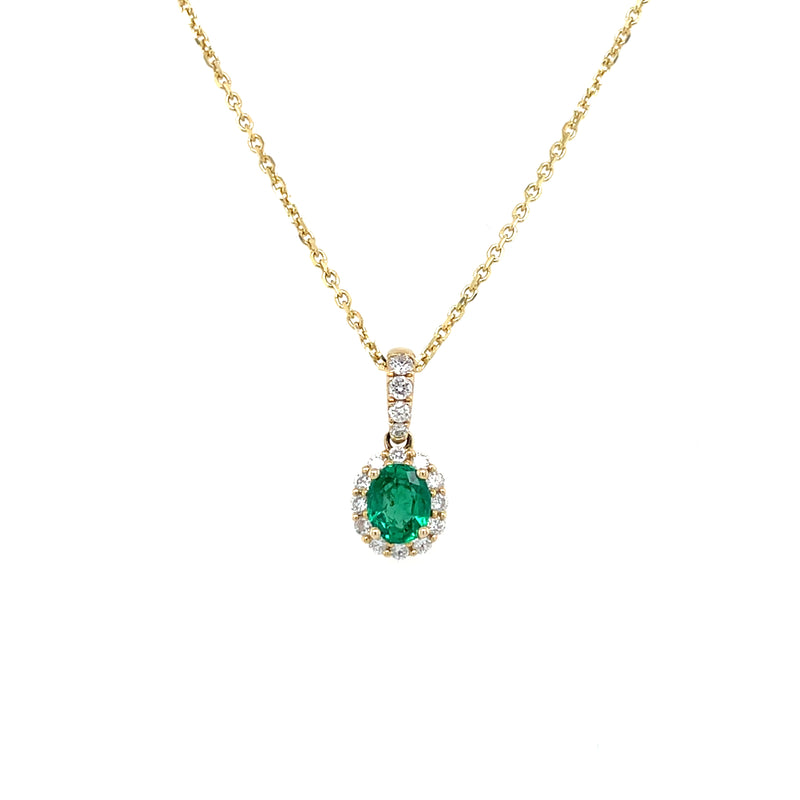 14K Yellow Gold Oval Emerald and Diamond Halo Necklace
