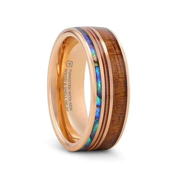 MOANA Smoked Rose Gold Tungsten/Koa Wood/Abalone/Guitar String Inlay Band - 8mm