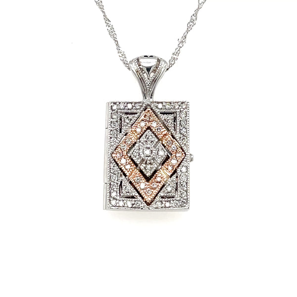 ESTATE 14K WHITE AND ROSE GOLD LOCKET PENDANT ON 18” CHAIN