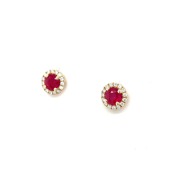 14K Yellow Gold Ruby and Diamond Halo Stud Earrings