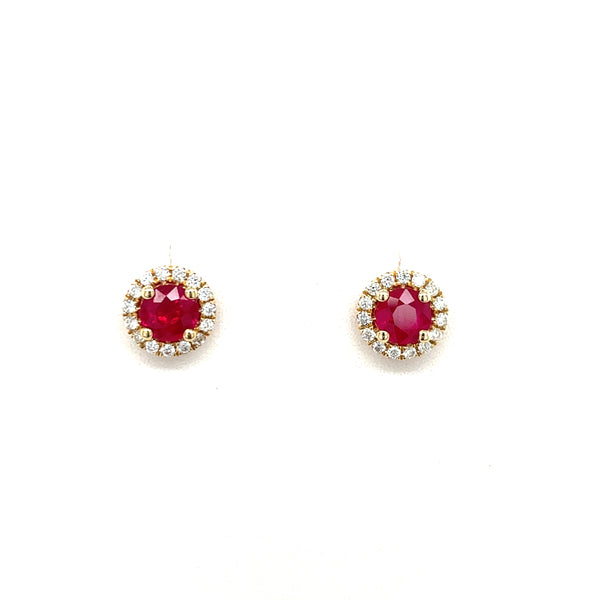 14K Yellow Gold Ruby and Diamond Halo Stud Earrings
