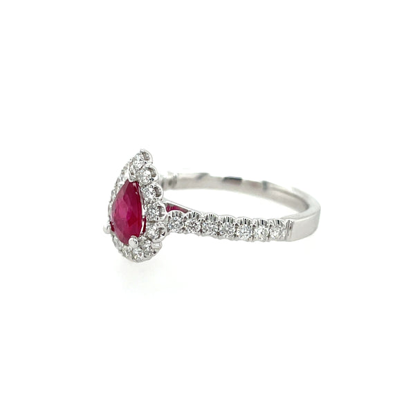14K White Gold Pear Ruby and Diamond Halo Ring