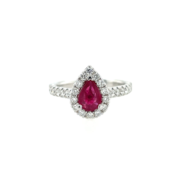 14K White Gold Pear Ruby and Diamond Halo Ring
