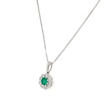 14K White Gold Round Emerald and Diamond Halo Necklace