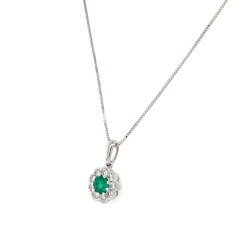 14K White Gold Round Emerald and Diamond Halo Necklace