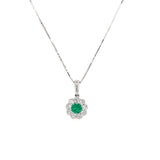 14K White Gold Round Emerald and Diamond Halo Necklace