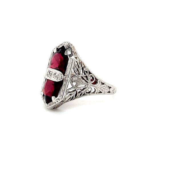 ESTATE 14K WHITE GOLD GARNET FILIGREE RING WITH DIAMOND ACCENTS