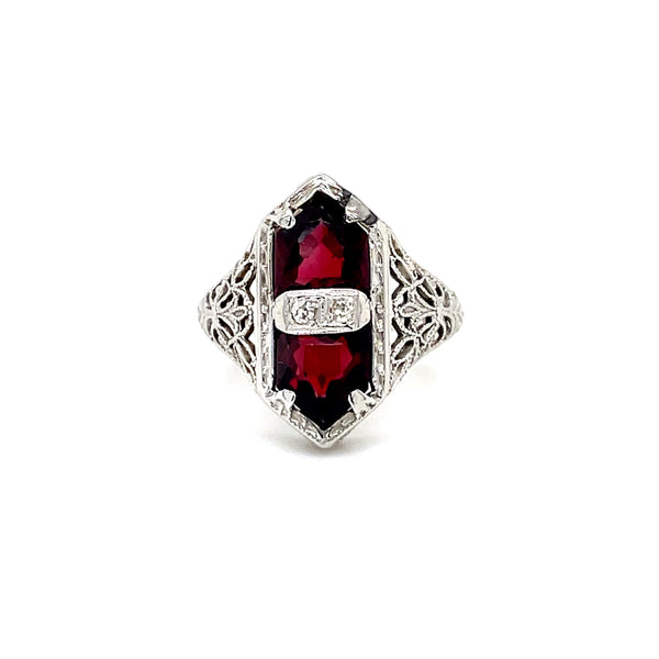 ESTATE 14K WHITE GOLD GARNET FILIGREE RING WITH DIAMOND ACCENTS