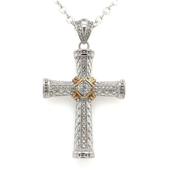Estate Sterling Silver & 14K Diamond Cross Necklace