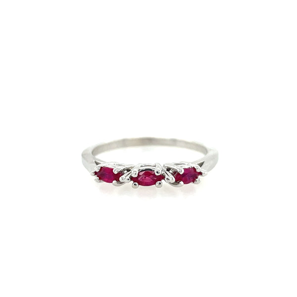 14K White Gold Three-Stone Horizontal Marquise Ruby Ring