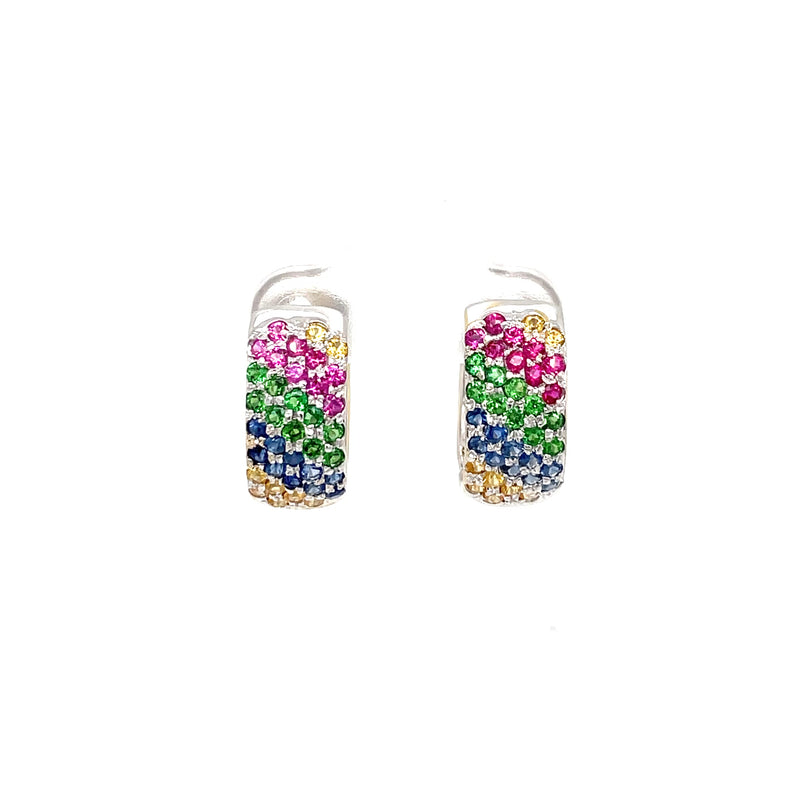 Estate 14K White Gold Multi-Colored Gemstone Hinged Hoop Earrings