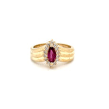 ESTATE 14K YELLOW GOLD CONTOUR RUBY RING FEATURING DIAMOND HALO