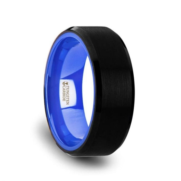 RIGEL Flat Beveled Edges Black Tungsten Band with Blue Ceramic Inside - 6mm