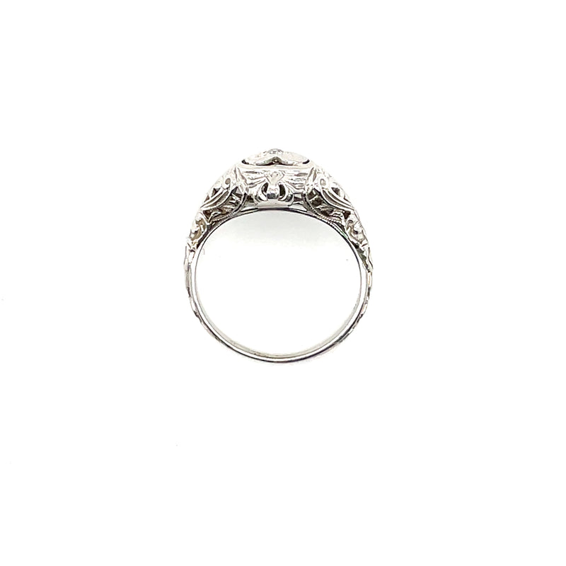 ESTATE 18K WHITE GOLD FILIGREE RING WITH HEART SHAPED CENTER