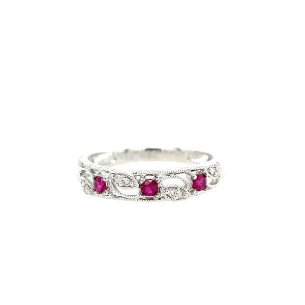 18K White Gold Twisted Botanical Ruby and Diamond Ring