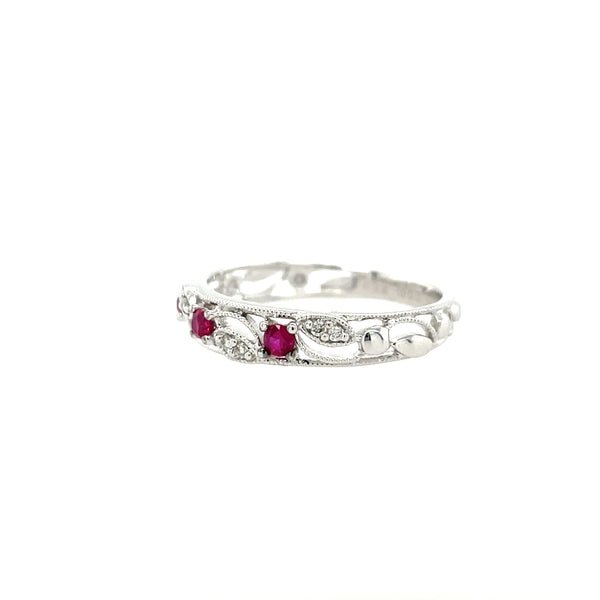 18K White Gold Twisted Botanical Ruby and Diamond Ring