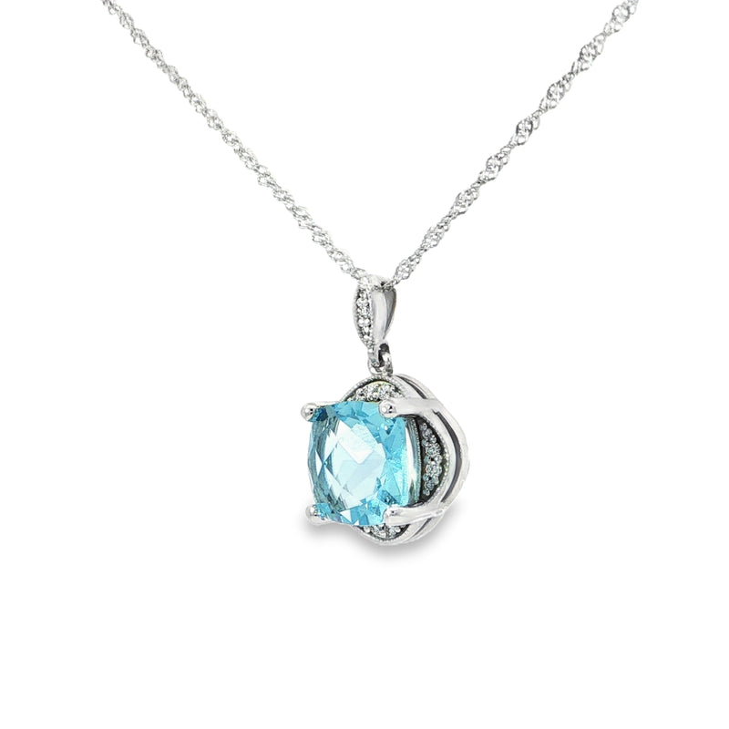 14k White Gold Square Sky Blue Topaz and Diamond Scalloped Pendant