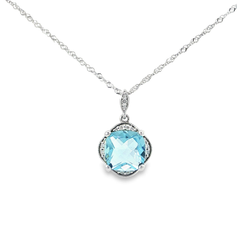 14k White Gold Square Sky Blue Topaz and Diamond Scalloped Pendant