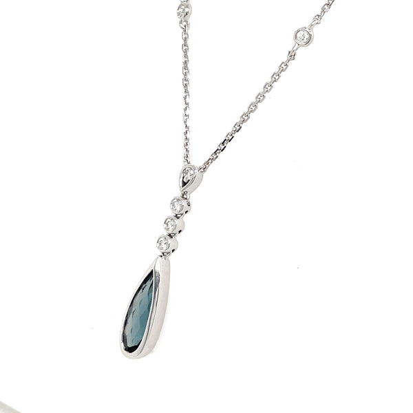 14K White Gold Bezel Set Pear-Shaped London Blue Topaz Drop Necklace with Diamond Accents