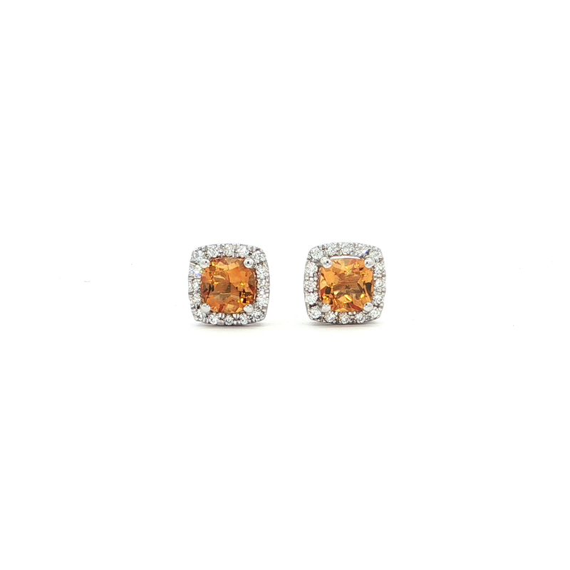 14k White Gold Cushion Citrine and Diamond Halo Earrings