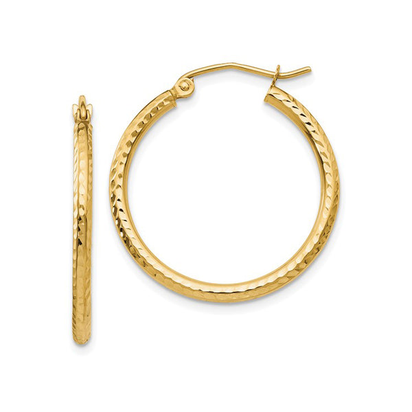 14K Yellow Gold Diamond Cut Tube Hoop Earrings