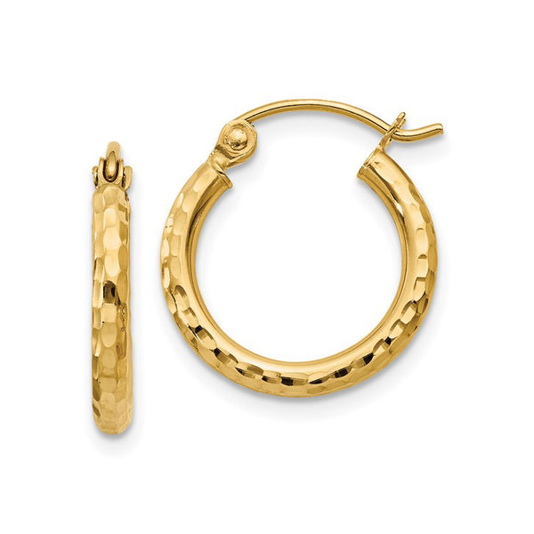 14K Yellow Gold Diamond Cut Round Tube Hoop Earrings