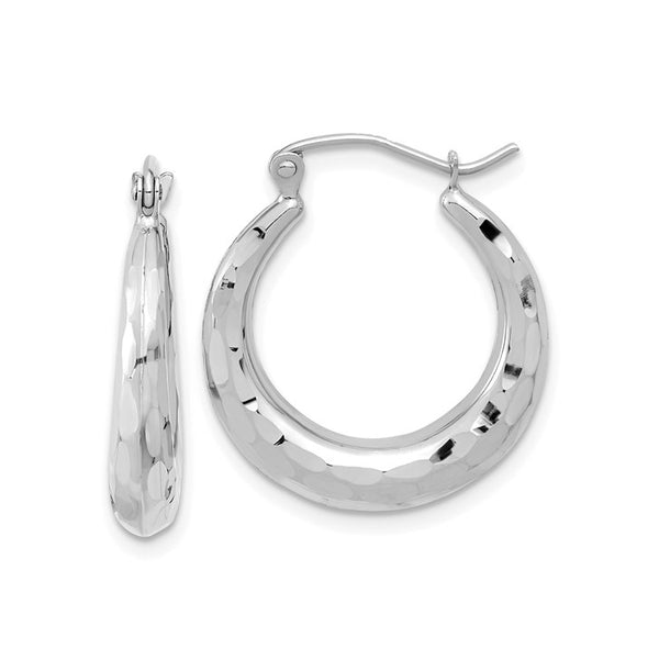 14K White Gold Diamond Cut Crescent Hoop Earrings