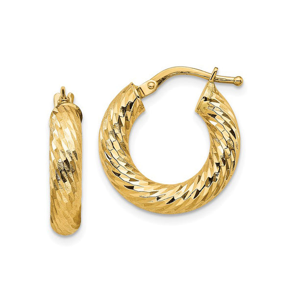 14K Yellow Gold Diamond Cut Round Hoop Earrings