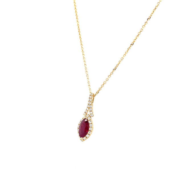 14K Yellow Gold Marquise Ruby and Diamond Halo Necklace