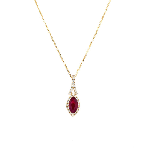 14K Yellow Gold Marquise Ruby and Diamond Halo Necklace