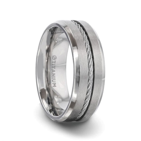 ALBERT Steel Cable Inlaid Brushed Center Titanium Wedding Band - 8mm