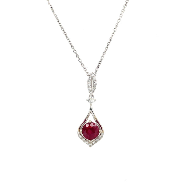 14K White Gold Round Ruby and Diamond Accent Necklace