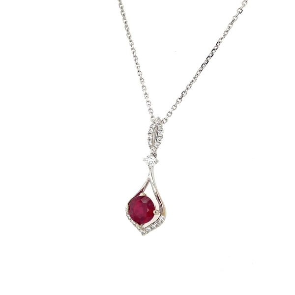 14K White Gold Round Ruby and Diamond Accent Necklace