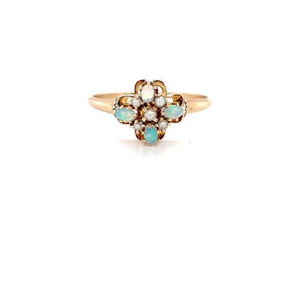 Estate 8K Yellow Gold Oval Opal & Seed Pearl Rin
