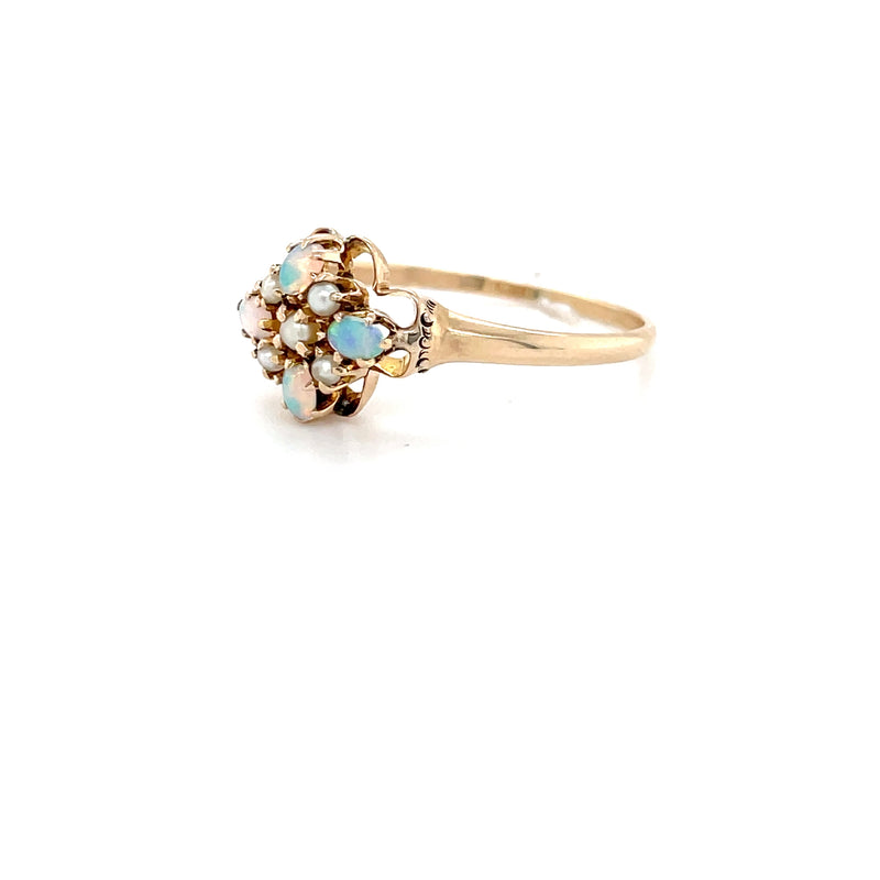 Estate 8K Yellow Gold Oval Opal & Seed Pearl Ring