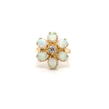 Estate 14K Yellow Gold Opal Flower Ring with Diamond Center