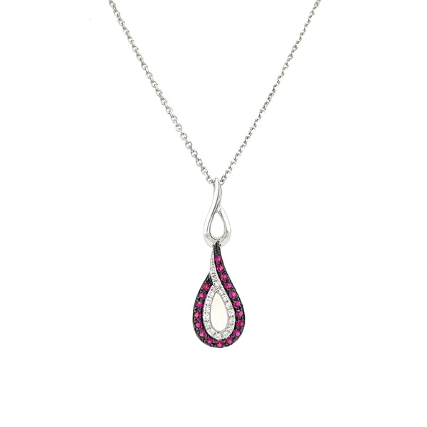 14K White Gold Ruby and Diamond Teardrop Pendant Necklace