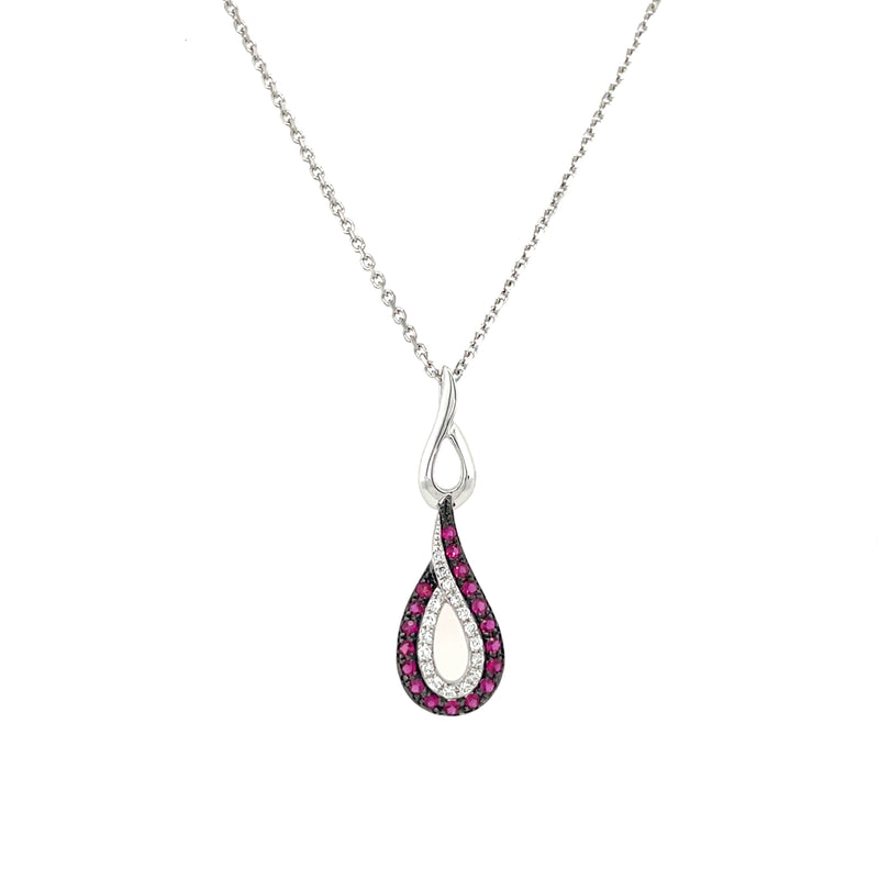 14K White Gold Ruby and Diamond Teardrop Pendant Necklace