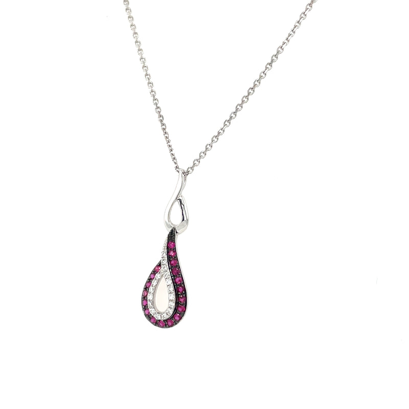 14K White Gold Ruby and Diamond Teardrop Pendant Necklace