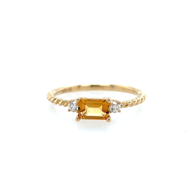 14k Yellow Gold Emerald Cut Citrine Ring with Diamond Accents