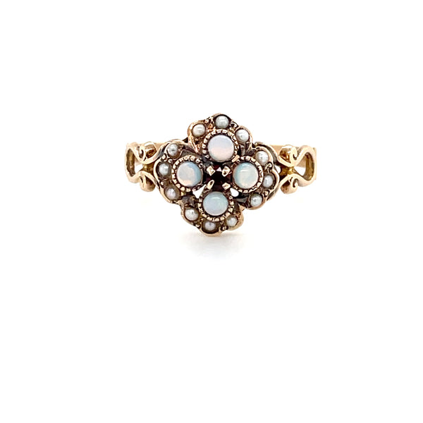 Estate Victorian 10K Yellow Gold Garnet, Opal & Seed Pearl Ring