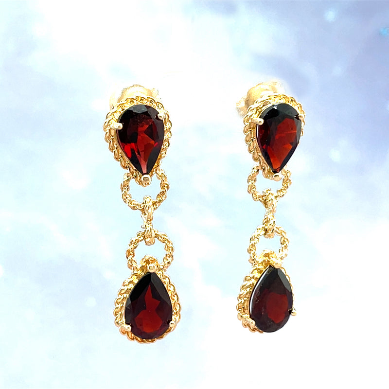 Estate 14K Yellow Gold Garnet Pear Drop Earrings with Rope Twist Detail