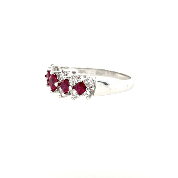 14K White Gold Three-Row Ruby and Diamond Ring