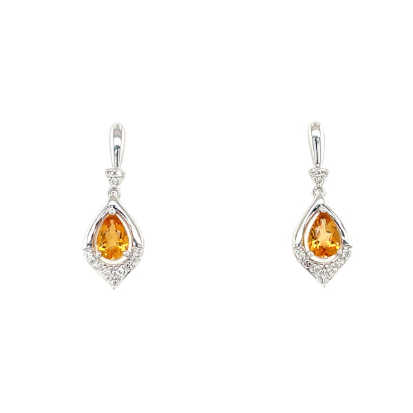 14k White Gold Pear Citrine Dangle Earrings with Diamond Accents