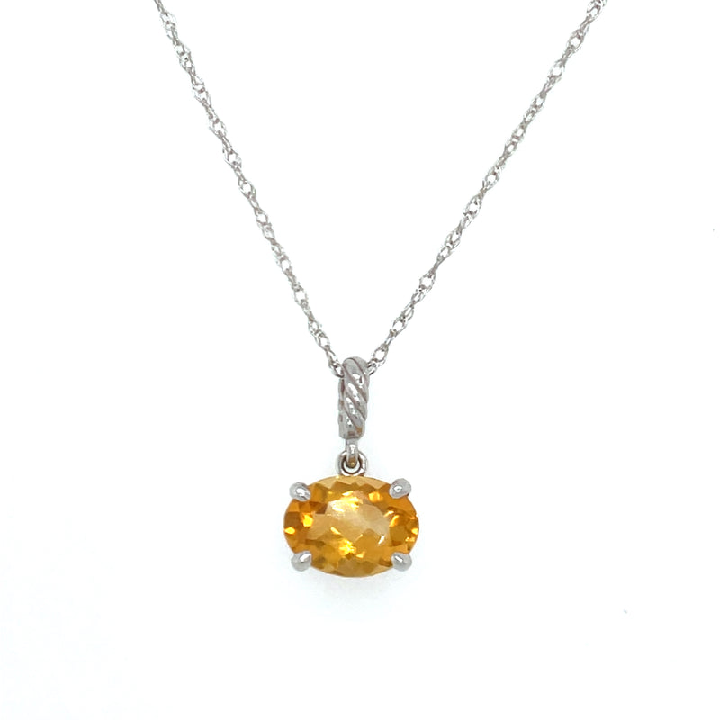 14K White Gold Horizontal Oval Citrine Necklace with Rope Style Bail – 18in. Length
