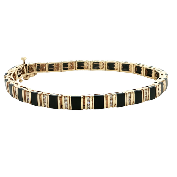 Estate 14k Yellow Gold Diamond and Black Onyx Channel Set Bracelet