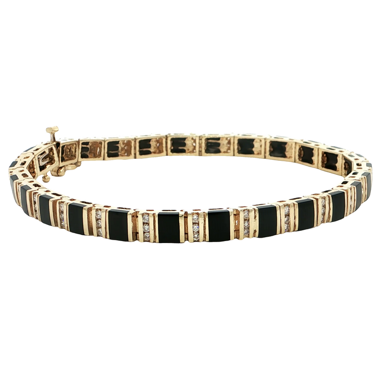 Estate 14k Yellow Gold Diamond and Black Onyx Channel Set Bracelet