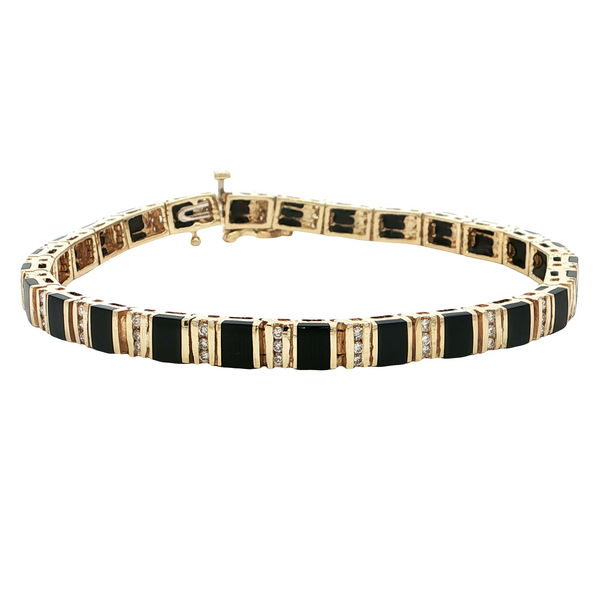 Estate 14k Yellow Gold Diamond and Black Onyx Channel Set Bracelet